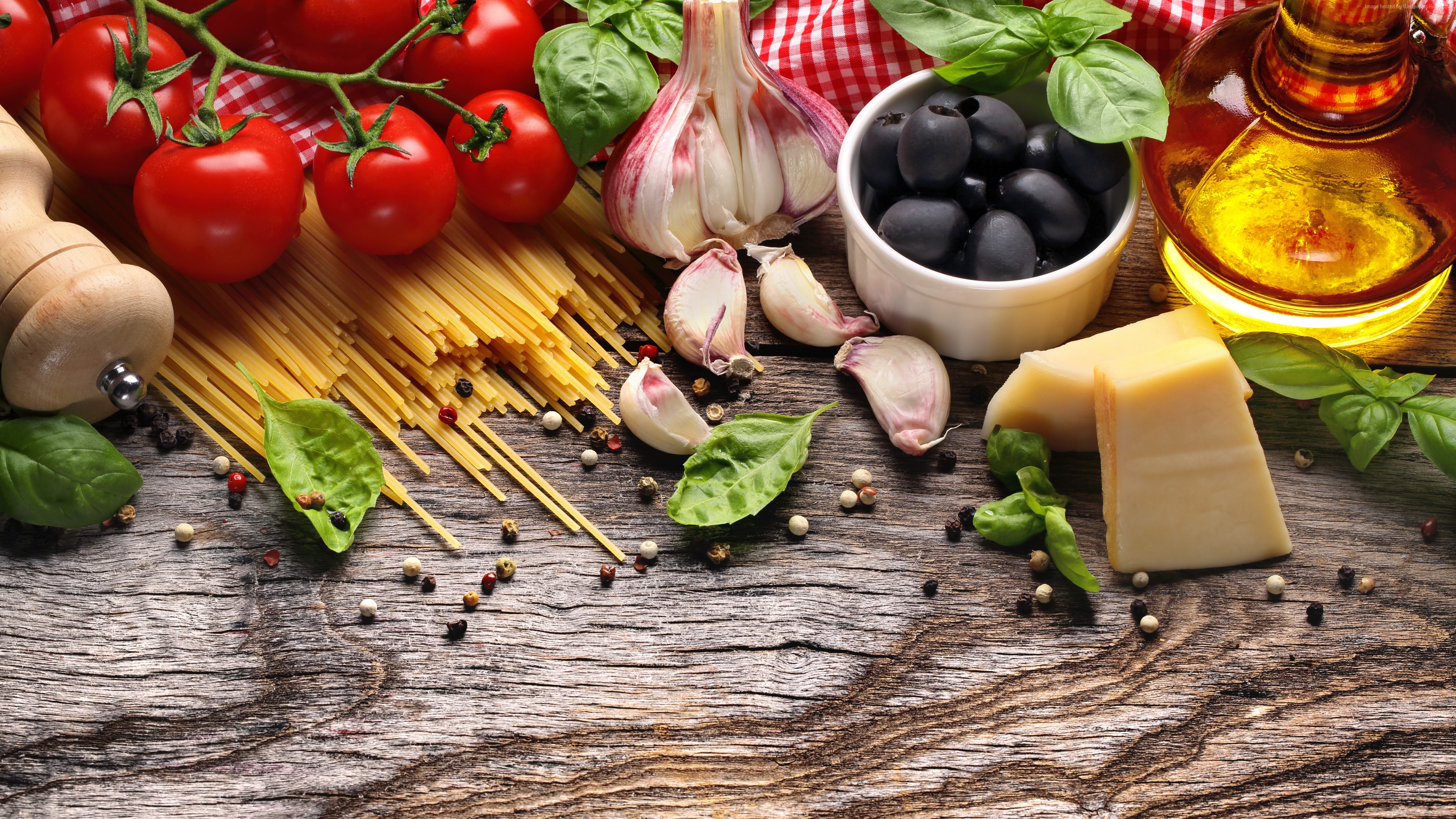 Wallpaper pasta, tomato, olives, garlic, olive, 5k, Food